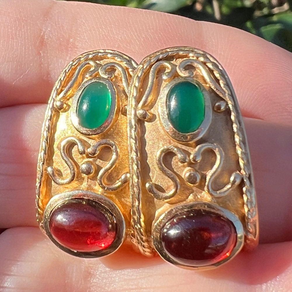 VINTAGE 14K GOLD CABOCHON GARNET GREEN CHRYSOPRASE EARRINGS STATEMENT CUSTOM - Picture 2 of 16